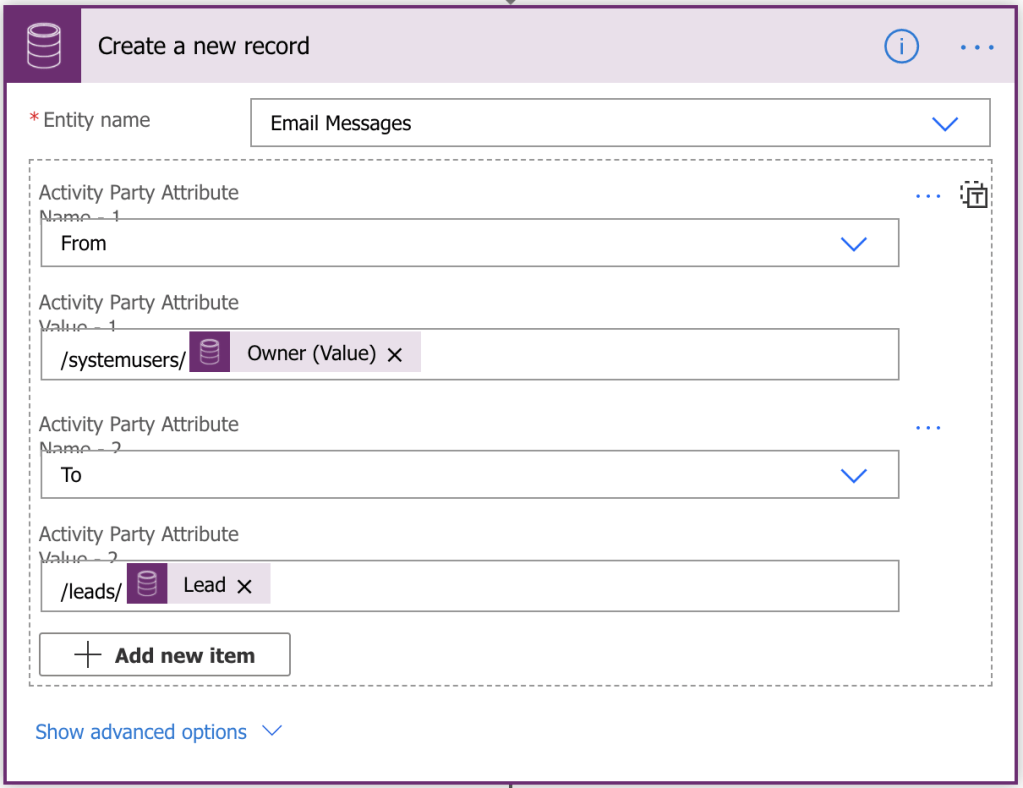 How lookup fields are referenced in the create a new record current action